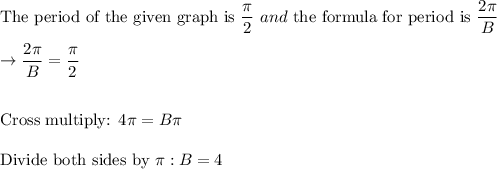 \text{The period of the given graph is } \dfrac{\pi}{2}\ and\ \text{the formula for period is }\dfrac{2\pi}{B}\\\\\rightarrow \dfrac{2\pi}{B}=\dfrac{\pi}{2}\\\\\\\text{Cross multiply: }4\pi=B\pi\\\\\text{Divide both sides by }\pi: B=4