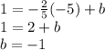1 = - \frac {2} {5} (- 5) + b\\1 = 2 + b\\b = -1