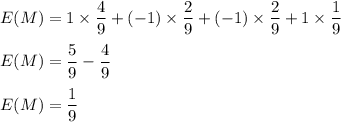E(M)= 1\times \dfrac{4}{9}+(-1)\times \dfrac{2}{9}+(-1)\times \dfrac{2}{9}+1\times \dfrac{1}{9}\\\\E(M)= \dfrac{5}{9}-\dfrac{4}{9}\\\\E(M)=\dfrac{1}{9}