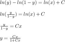 ln (y) - ln(1-y) = ln (x) + C \\  \\  ln (\frac{y}{1-y}) = ln (x) + C \\  \\ \frac{y}{1-y} = Cx \\  \\ y = \frac{Cx}{1+Cx}