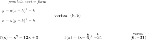 \bf ~~~~~~\textit{parabola vertex form} \\\\ \begin{array}{llll} y=a(x- h)^2+ k\\\\ x=a(y- k)^2+ h \end{array} \qquad\qquad vertex~~(\stackrel{}{ h},\stackrel{}{ k}) \\\\[-0.35em] \rule{34em}{0.25pt}\\\\ f(x)=x^2-12x+5~\hfill f(x)=(x-\stackrel{h}{6})^2\stackrel{k}{-31}~\hfill \stackrel{vertex}{(6,-31)}
