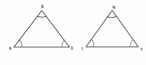 Complete the similarity statement for the two triangles shown. enter your answer in the box. △xbr∼△