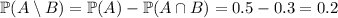 \mathbb P(A\setminus B)=\mathbb P(A)-\mathbb P(A\cap B)=0.5-0.3=0.2
