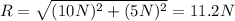 R=\sqrt{(10 N)^2+(5 N)^2}=11.2 N