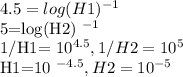 4.5 = log (H1)^{-1}&#10;&#10;5=log(H2) ^{-1}  &#10;&#10;  1/H1= 10^{4.5} , 1/H2=10 ^{5} &#10;&#10;H1=10 ^{-4.5},  H2=10 ^{-5}