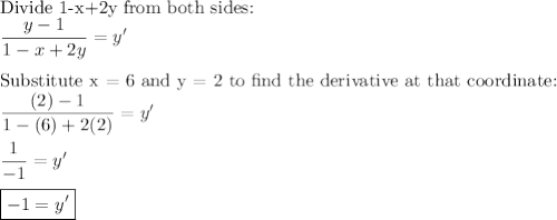\text{Divide 1-x+2y from both sides:}\\\dfrac{y-1}{1-x+2y}=y'\\\\\text{Substitute x = 6 and y = 2 to find the derivative at that coordinate:}\\\dfrac{(2)-1}{1-(6)+2(2)}=y'\\\\\dfrac{1}{-1}=y'\\\\\boxed{-1=y'}