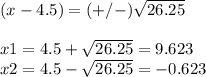 (x-4.5)=(+/-)\sqrt{26.25}\\ \\x1=4.5+\sqrt{26.25}=9.623\\x2=4.5-\sqrt{26.25}=-0.623