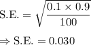 \text{S.E.}=\sqrt{\dfrac{0.1\times0.9}{100}}\\\\\Rightarrow\text{S.E.}=0.030