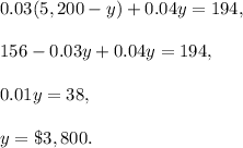 0.03(5,200-y)+0.04y=194,\\ \\156-0.03y+0.04y=194,\\ \\0.01y=38,\\ \\y=\$3,800.