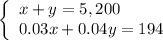 \left\{\begin{array}{l}x+y=5,200\\0.03x+0.04y=194\end{array}\right.
