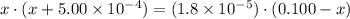 x\cdot(x + 5.00\times 10^{-4}) = (1.8\times 10^{-5} )\cdot (0.100 - x)