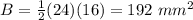 B=\frac{1}{2}(24)(16)= 192\ mm^{2}