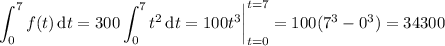 \displaystyle\int_0^7f(t)\,\mathrm dt=300\int_0^7t^2\,\mathrm dt=100t^3\bigg|_{t=0}^{t=7}=100(7^3-0^3)=34300