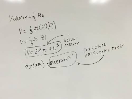 What is the approximate volume of a cone with a height of 9 feet and radius of 3 feet