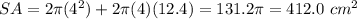 SA=2\pi (4^{2}) +2\pi (4)(12.4)=131.2\pi=412.0\ cm^{2}