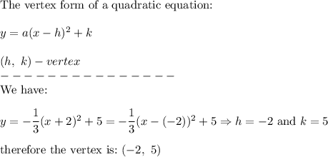 \text{The vertex form of a quadratic equation:}\\\\y=a(x-h)^2+k\\\\(h,\ k)-vertex\\---------------\\\text{We have:}\\\\y=-\dfrac{1}{3}(x+2)^2+5=-\dfrac{1}{3}(x-(-2))^2+5\Rightarrow h=-2\ \text{and}\ k=5\\\\\text{therefore the vertex is:}\ (-2,\ 5)