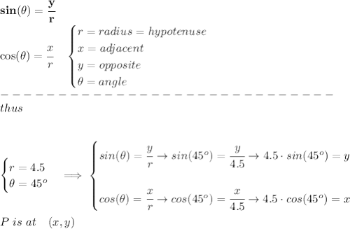 \bf sin(\theta)=\cfrac{y}{r}&#10;\qquad &#10;&#10;% cosine&#10;cos(\theta)=\cfrac{x}{r}\quad &#10;\begin{cases}&#10;r=radius=hypotenuse\\&#10;x=adjacent\\&#10;y=opposite\\&#10;\theta=angle&#10;\end{cases}\\&#10;-----------------------------\\&#10;thus&#10;\\\\&#10;&#10;\begin{cases}&#10;r=4.5\\&#10;\theta=45^o&#10;\end{cases}\implies &#10;\begin{cases}&#10;sin(\theta)=\cfrac{y}{r}\to sin(45^o)=\cfrac{y}{4.5}\to 4.5\cdot sin(45^o)=y&#10;\\\\&#10;cos(\theta)=\cfrac{x}{r}\to cos(45^o)=\cfrac{x}{4.5}\to 4.5\cdot cos(45^o)=x&#10;\end{cases}&#10;\\\\&#10;P\ is \ at\quad  (x,y)