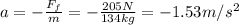 a=-\frac{F_f}{m}=-\frac{205 N}{134 kg}=-1.53 m/s^2