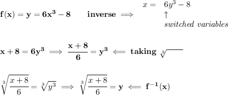 \bf f(x)=y=6x^3-8\qquad inverse\implies &#10;\begin{array}{lll}&#10;x=&6y^3-8\\&#10;&\uparrow\\&#10;&\textit{switched variables} &#10;\end{array}&#10;\\\\\\&#10;x+8=6y^3\implies \cfrac{x+8}{6}=y^3\impliedby taking\ \sqrt[3]{\qquad }&#10;\\\\\\&#10;\sqrt[3]{\cfrac{x+8}{6}}=\sqrt[3]{y^3}\implies \sqrt[3]{\cfrac{x+8}{6}}=y\impliedby f^{-1}(x)