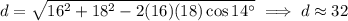 d=\sqrt{16^2+18^2-2(16)(18)\cos14^\circ}\implies d\approx32