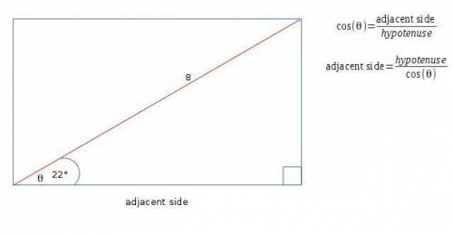 An 8 inch long diagonal in a rectangle makes an angle of 22 with a length of the rectangle. what is