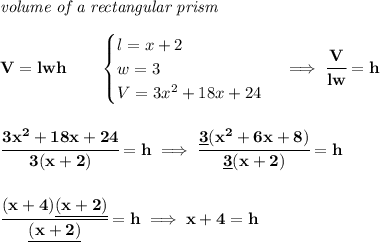 \bf \textit{volume of a rectangular prism}\\\\&#10;V=lwh\qquad &#10;\begin{cases}&#10;l=x+2\\&#10;w=3\\&#10;V=3x^2 + 18x+ 24&#10;\end{cases}\implies \cfrac{V}{lw}=h&#10;\\\\\\&#10;\cfrac{3x^2 + 18x+ 24}{3(x+2)}=h\implies \cfrac{\underline{3}(x^2 + 6x+ 8)}{\underline{3}(x+2)}=h&#10;\\\\\\&#10;\cfrac{(x+4)\underline{(x+2)}}{\underline{(x+2)}}=h\implies x+4=h