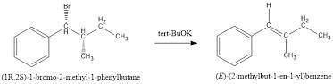 Draw the product formed by the reaction of t-butoxide with (1r,2s)-1-bromo-2-methyl-1-phenylbutane (