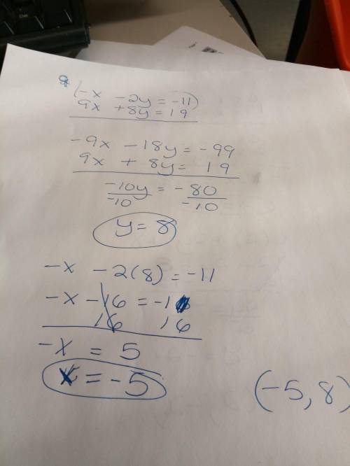 Solve the system -x - 2y = -11 and 9x + 8y = 19 by combining the equations