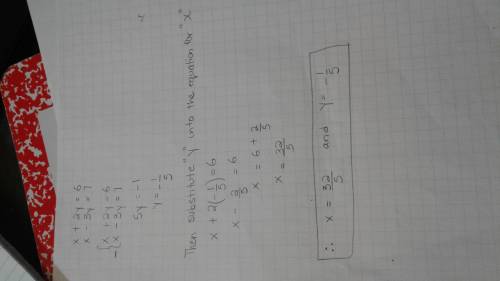 Solve by elimination  x + 2y = 6 x - 3y = 7