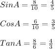 SinA=\frac{8}{10} =\frac{4}{5} \\\\CosA=\frac{6}{10} =\frac{3}{5} \\\\TanA=\frac{8}{6} =\frac{4}{3}