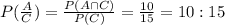 P(\frac{A}{C})=\frac{P(A\cap C)}{P(C)}=\frac{10}{15}=10:15