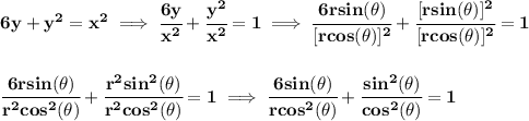 \bf 6y+y^2=x^2\implies \cfrac{6y}{x^2}+\cfrac{y^2}{x^2}=1\implies \cfrac{6rsin(\theta )}{[rcos(\theta )]^2}+\cfrac{[rsin(\theta )]^2}{[rcos(\theta )]^2}=1&#10;\\\\\\&#10;\cfrac{6rsin(\theta )}{r^2cos^2(\theta )}+\cfrac{r^2sin^2(\theta )}{r^2cos^2(\theta )}=1\implies &#10;\cfrac{6sin(\theta )}{rcos^2(\theta )}+\cfrac{sin^2(\theta )}{cos^2(\theta )}=1