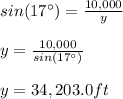 sin(17\°)=\frac{10,000}{y}\\\\y=\frac{10,000}{sin(17\°)}\\\\y=34,203.0ft