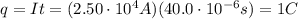 q=I t = (2.50\cdot 10^4 A)(40.0\cdot 10^{-6}s)=1 C