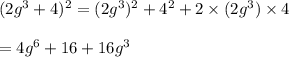 (2 g^3 +4)^2=(2 g^3)^2+4^2+2 \times (2 g^3) \times 4\\\\=4 g^6+16 +16 g^3