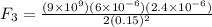 F_3 = \frac{(9\times 10^9)(6\times 10^{-6})(2.4\times 10^{-6})}{2(0.15)^2}