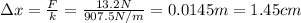 \Delta x=\frac{F}{k}=\frac{13.2 N}{907.5 N/m}=0.0145 m=1.45 cm