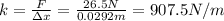 k=\frac{F}{\Delta x}=\frac{26.5 N}{0.0292 m}=907.5 N/m