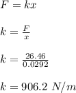 F= kx\\\\k = \frac{F}{x} \\\\k = \frac{26.46}{0.0292} \\\\k = 906.2 \ N/m