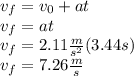 v_f=v_0+at\\v_f=at\\v_f=2.11\frac{m}{s^2}(3.44s)\\v_f=7.26\frac{m}{s}