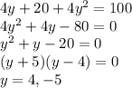 4y+20+4y^2=100\\4y^2+4y-80=0\\y^2+y-20=0\\(y+5)(y-4)=0\\y=4,-5
