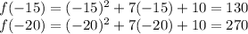 f(-15)=(-15)^2 + 7(-15) + 10=130\\f(-20)=(-20)^2 + 7(-20) + 10=270