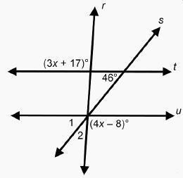 Parallel lines t and u are cut by two transversals, r and s, which intersect line u at the same poin