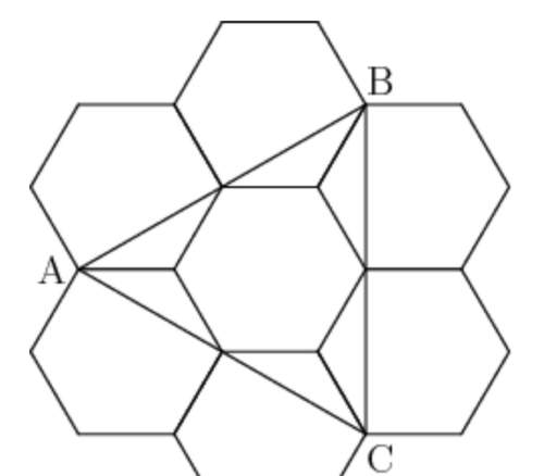 Each side length of the hexagons is 1, what’s the area of abc