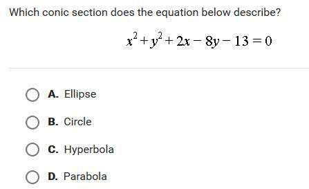 Which conic section does the equation below describe? x^2+y^2+2x-8y-13=0