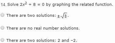 Solve 2x2 + 8 = 0 by graphing the related function. there are two solutions: . there are no real nu