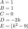 A=1\\B=1\\C=0\\D=-2k\\E=(k^{2} -9)