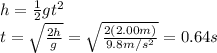 h=\frac{1}{2}gt^2\\t=\sqrt{\frac{2h}{g}}=\sqrt{\frac{2(2.00 m)}{9.8 m/s^2}}=0.64 s