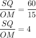 \begin{aligned}\frac{{SQ}}{{OM}} &= \frac{{60}}{{15}}\\\frac{{SQ}}{{OM}} &= 4\\\end{aligned}