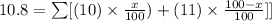 10.8=\sum[(10)\times \frac{x}{100})+(11)\times \frac{100-x}{100}]]